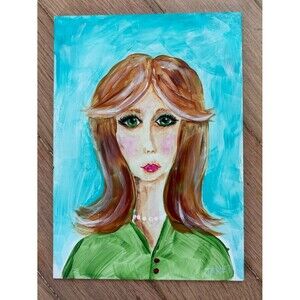 Stylized Portrait Woman Big Eyes Red Hair Blues Greens